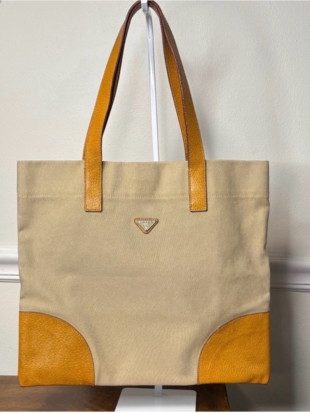 Prada Beige Canvas Tote with Mustard Leather Handles & Trim